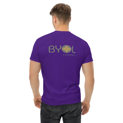 A young man with short blonde hair wearing a purple "BYOL: a mindset" T-shirt, viewed from the back. The T-shirt features the "BYOL" logo in gray and yellow on the back and is available in multiple colors (maroon, black, brown, gold, plus more) and sizes (S-3XL). The "be you out loud" logo is displayed at the top.