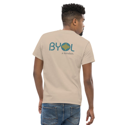 A young man with short hair wearing a sand "BYOL: a mindset" T-shirt, viewed from the back. The T-shirt features the "BYOL" logo in teal and yellow on the back and is available in multiple colors (maroon, black, brown, gold, plus more) and sizes (S-3XL). The "be you out loud" logo is displayed at the top.