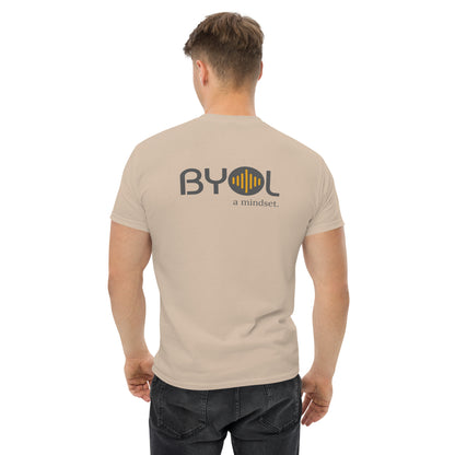 A young man with short blonde hair wearing a sand "BYOL: a mindset" T-shirt, viewed from the back. The T-shirt features the "BYOL" logo in gray and yellow on the back and is available in multiple colors (maroon, black, brown, gold, plus more) and sizes (S-3XL). The "be you out loud" logo is displayed at the top.