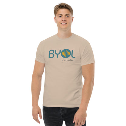 A young man with short blonde hair wearing a sand "BYOL: a mindset" T-shirt, smiling and standing with his arms at his sides. The T-shirt features the "BYOL" logo in teal and yellow on the front and is available in multiple colors (maroon, black, brown, gold, plus more) and sizes (S-3XL). The "be you out loud" logo is displayed at the top.