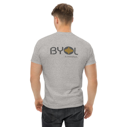 A young man with short blonde hair wearing a ash "BYOL: a mindset" T-shirt, viewed from the back. The T-shirt features the "BYOL" logo in gray and yellow on the back and is available in multiple colors (maroon, black, brown, gold, plus more) and sizes (S-3XL). The "be you out loud" logo is displayed at the top.