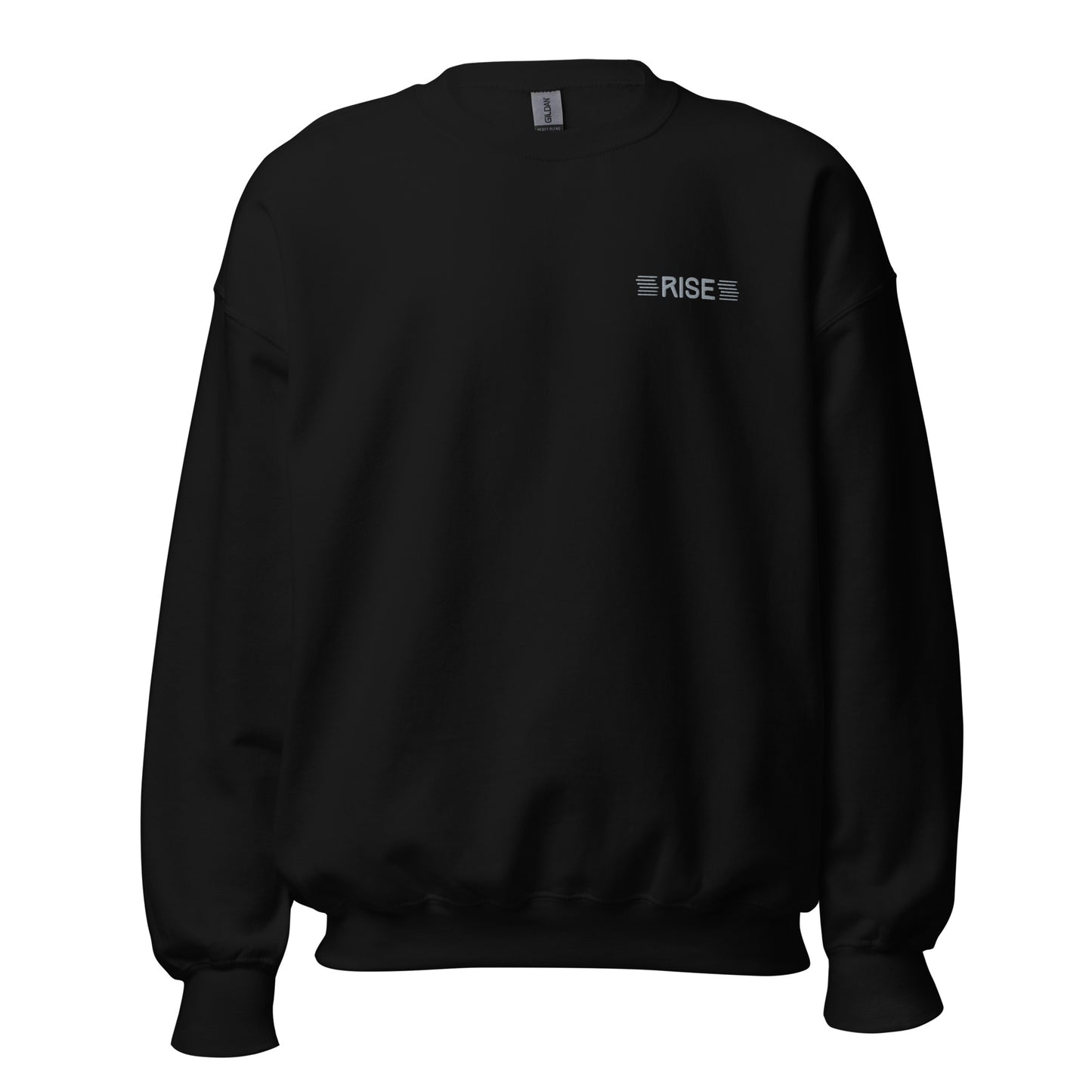 Black "rise" premium crew neck sweatshirt with ribbed cuffs, soft fleece lining, and comfortable fit.