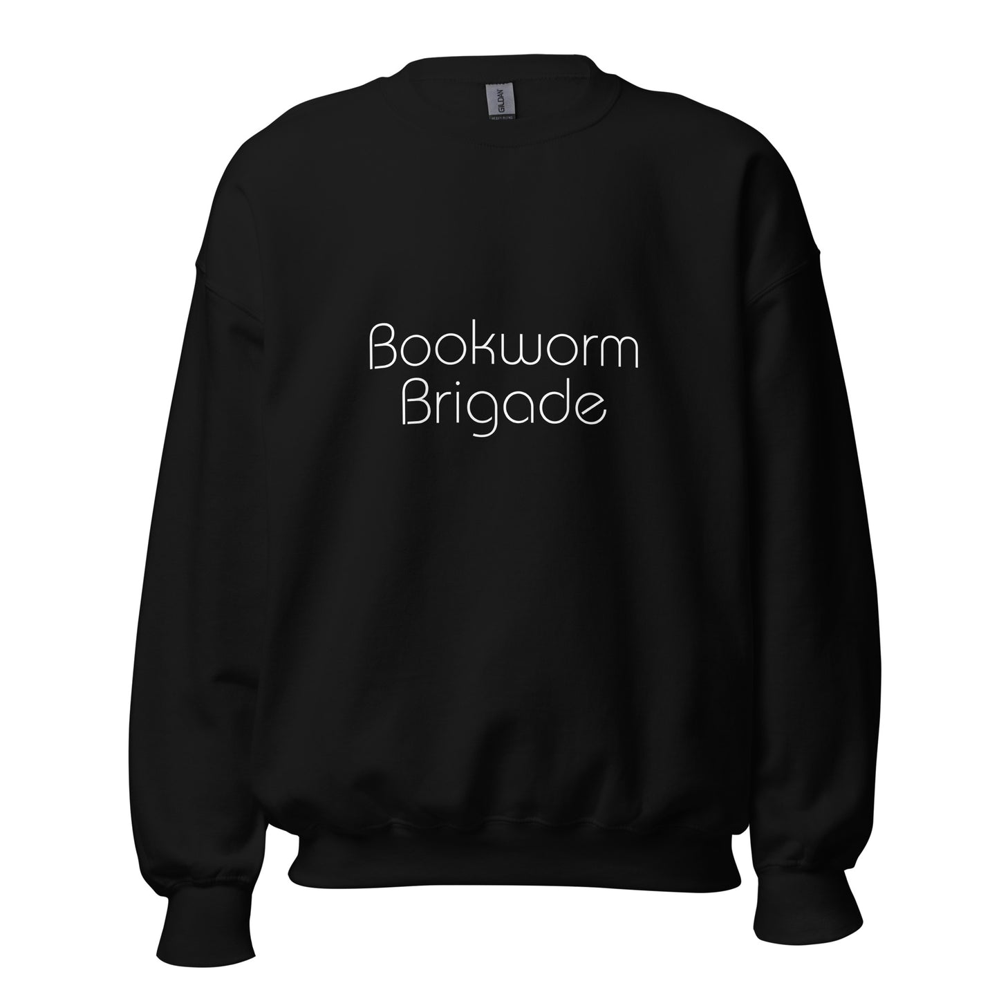 Black "Bookworm Brigade" premium crew neck sweatshirt with ribbed cuffs, soft fleece lining, and comfortable fit.