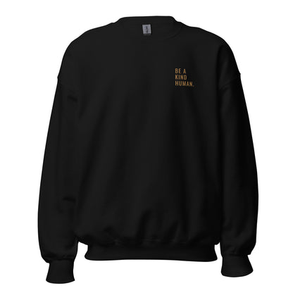 Black "Be A Kind Human" premium crew neck sweatshirt with ribbed cuffs, soft fleece lining, and comfortable fit.