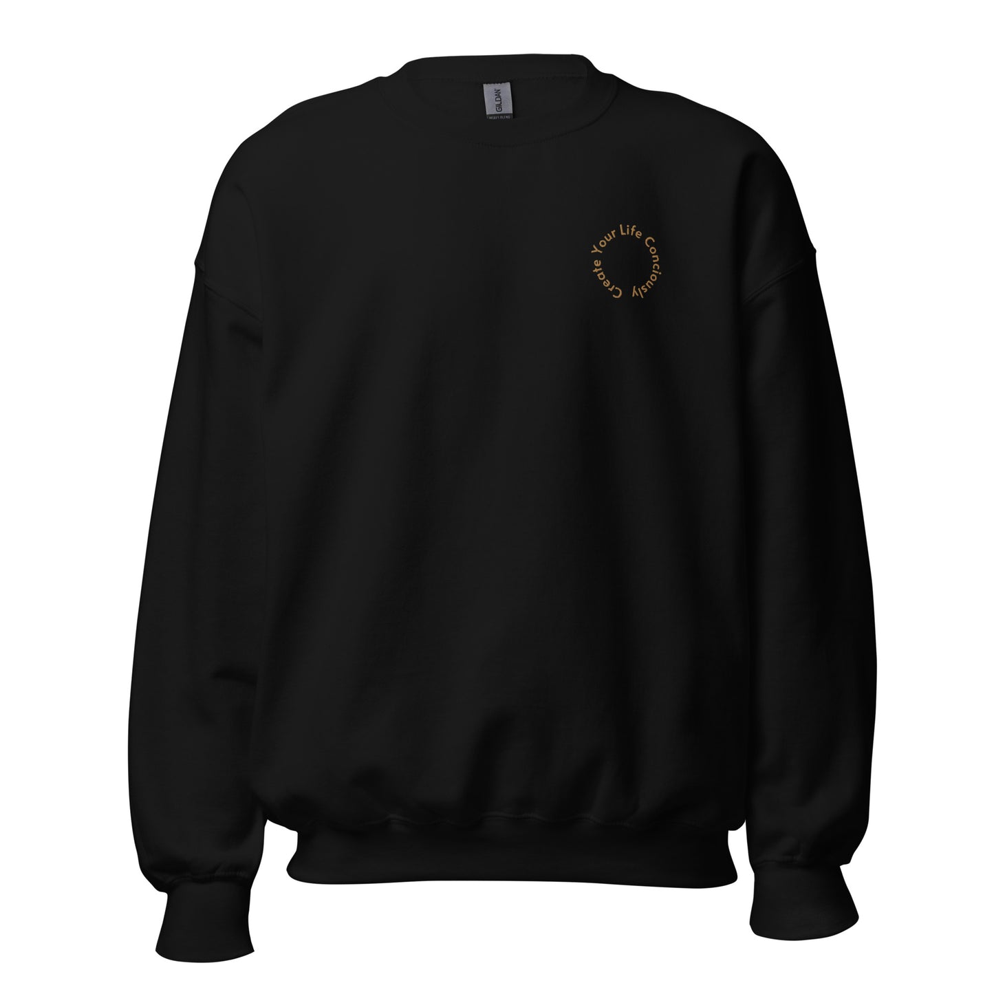 Black "Create Your Life Consciously" premium crew neck sweatshirt with ribbed cuffs, soft fleece lining, and comfortable fit.