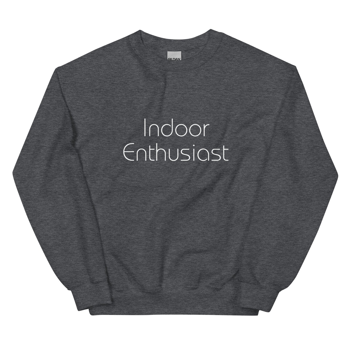 Dark heather grey "Indoor Enthusiast" premium crew neck sweatshirt with ribbed cuffs, soft fleece lining, and comfortable fit.