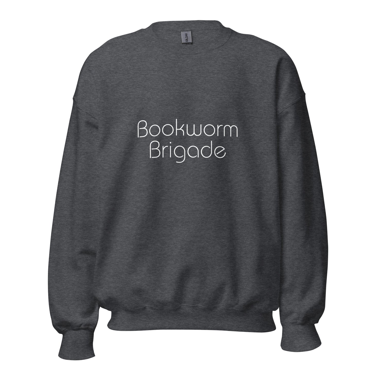 Dark heather grey "Bookworm Brigade" premium crew neck sweatshirt with ribbed cuffs, soft fleece lining, and comfortable fit.