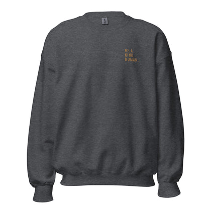 Dark heather grey "Be A Kind Human" premium crew neck sweatshirt with ribbed cuffs, soft fleece lining, and comfortable fit.