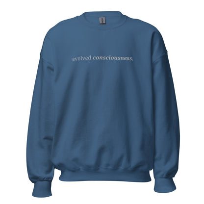 Indigo blue sweatshirt with the phrase "evolved consciousness." printed on the front, available in color options navy blue, green, maroon, gray, and pink, available in sizes S to 3XL.