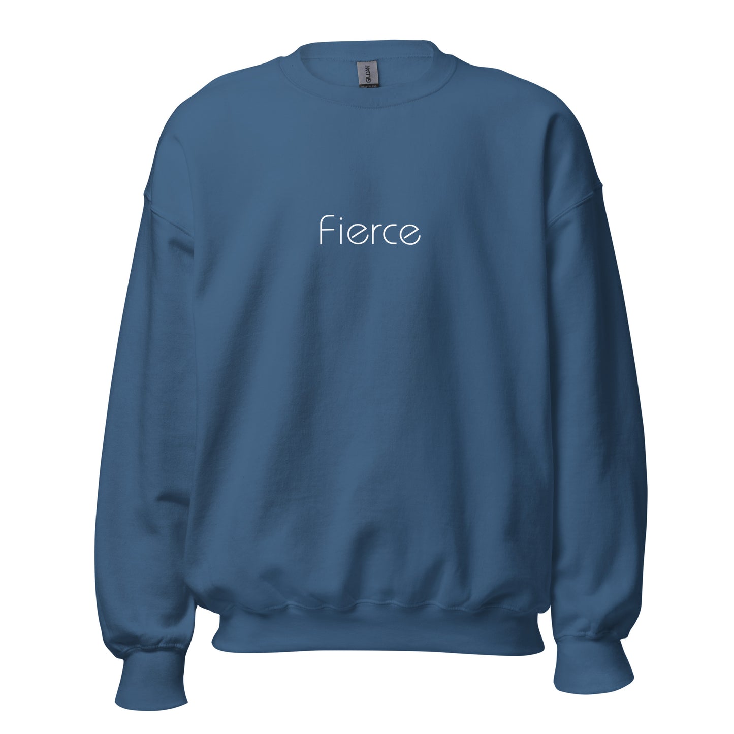 Indigo blue "fierce" premium crew neck sweatshirt with ribbed cuffs, soft fleece lining, and comfortable fit.