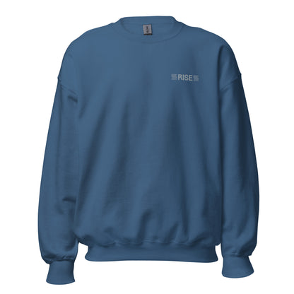 Indigo blue "rise" premium crew neck sweatshirt with ribbed cuffs, soft fleece lining, and comfortable fit.