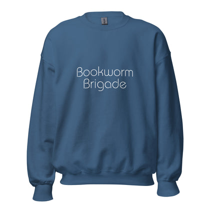 Indigo blue "Bookworm Brigade" premium crew neck sweatshirt with ribbed cuffs, soft fleece lining, and comfortable fit.