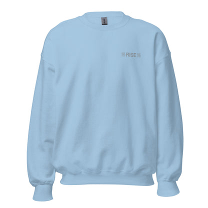 Light blue "rise" premium crew neck sweatshirt with ribbed cuffs, soft fleece lining, and comfortable fit.