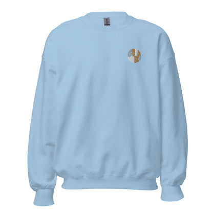 Light blue embroidered "Good Vibes" premium crew neck sweatshirt with ribbed cuffs, soft fleece lining, and comfortable fit.