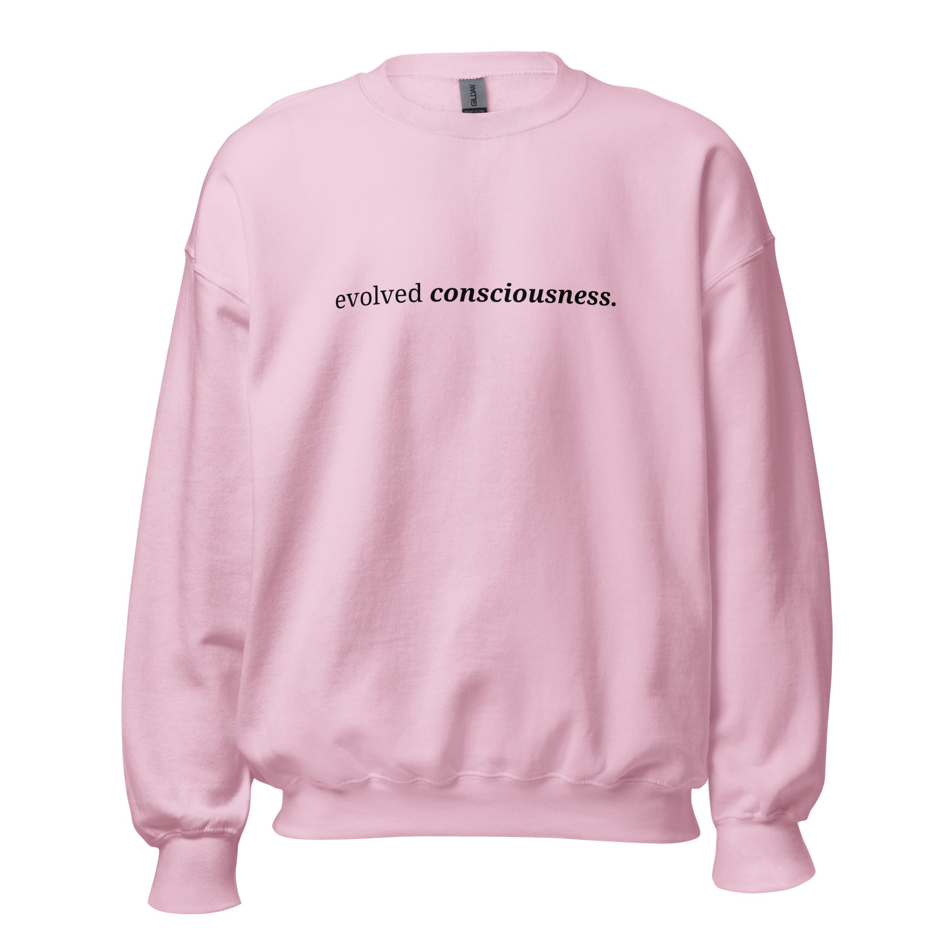 Pink sweatshirt with the phrase "evolved consciousness." printed on the front, available in color options navy blue, green, maroon, gray, and pink, available in sizes S to 3XL.