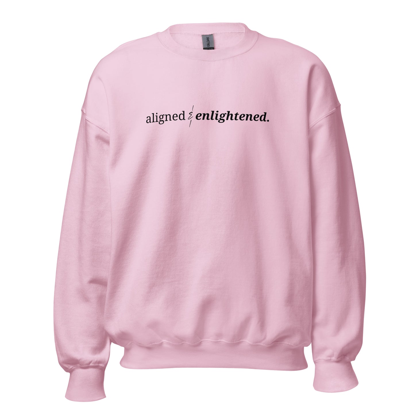 Pink sweatshirt with the phrase "aligned & enlightened." printed on the front, available in color options navy blue, green, maroon, gray, and pink, available in sizes S to 3XL.