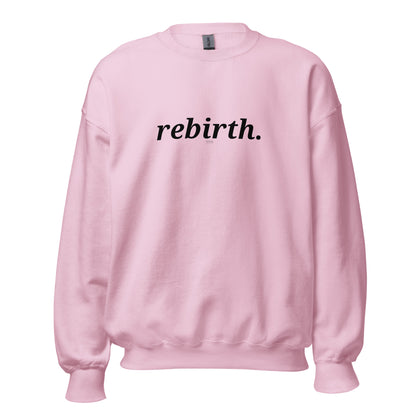 Pink sweatshirt with the word "rebirth." printed on the front, available in color options navy blue, green, maroon, gray, and pink, available in sizes S to 3XL.