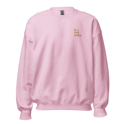 Pink "Be A Kind Human" premium crew neck sweatshirt with ribbed cuffs, soft fleece lining, and comfortable fit.