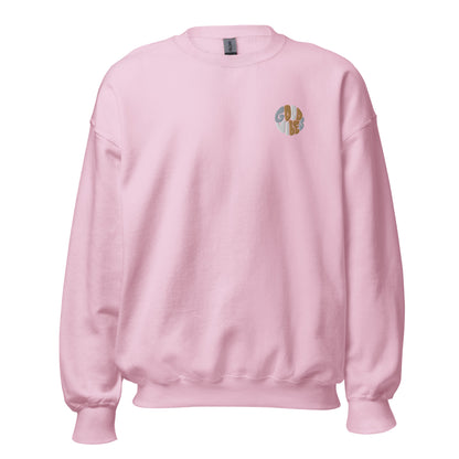 Pink embroidered "Good Vibes" premium crew neck sweatshirt with ribbed cuffs, soft fleece lining, and comfortable fit.