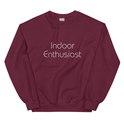 Maroon "Indoor Enthusiast" premium crew neck sweatshirt with ribbed cuffs, soft fleece lining, and comfortable fit.