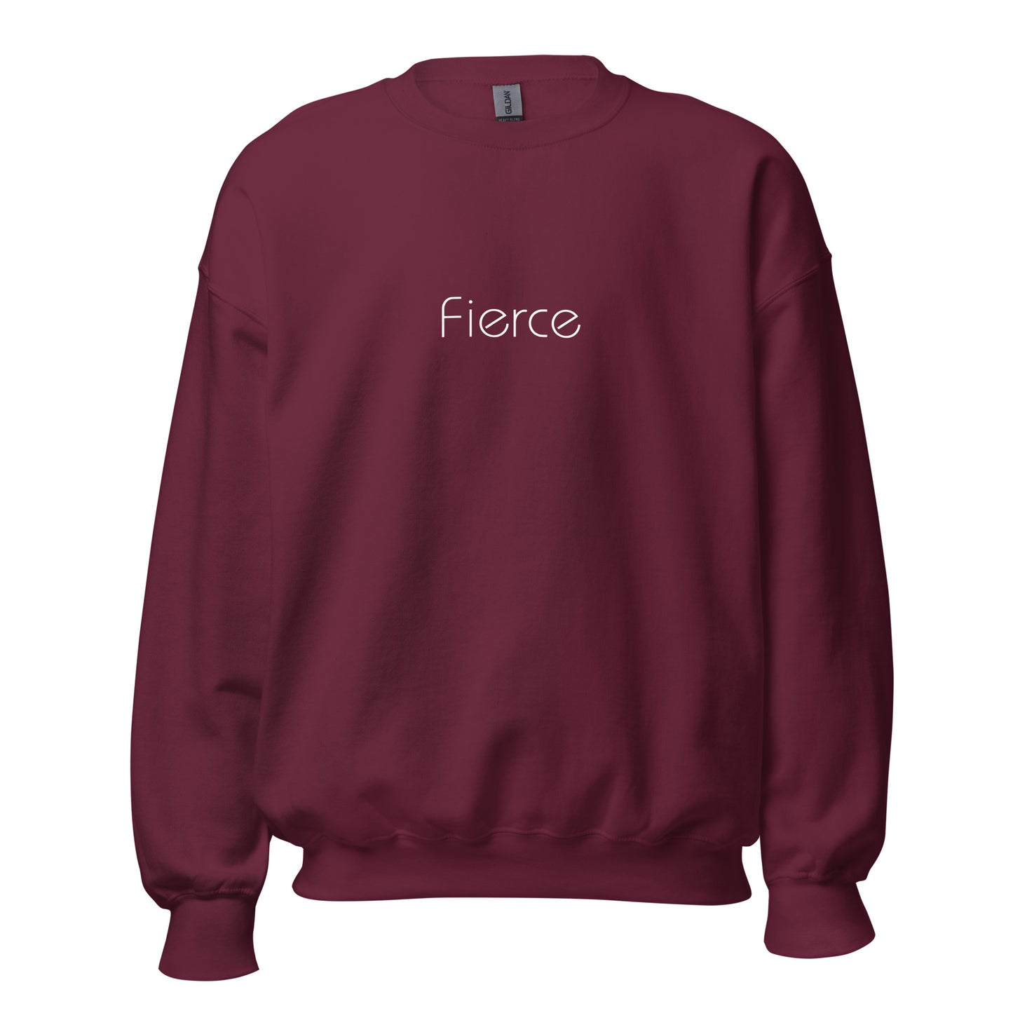 Maroon "fierce" premium crew neck sweatshirt with ribbed cuffs, soft fleece lining, and comfortable fit.