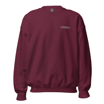 Maroon "rise" premium crew neck sweatshirt with ribbed cuffs, soft fleece lining, and comfortable fit.