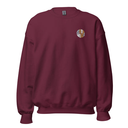 Maroon embroidered "Good Vibes" premium crew neck sweatshirt with ribbed cuffs, soft fleece lining, and comfortable fit.