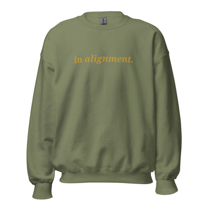 Military green sweatshirt with the phrase "in alignment." printed on the front, available in color options navy blue, green, maroon, gray, and pink, available in sizes S to 3XL.