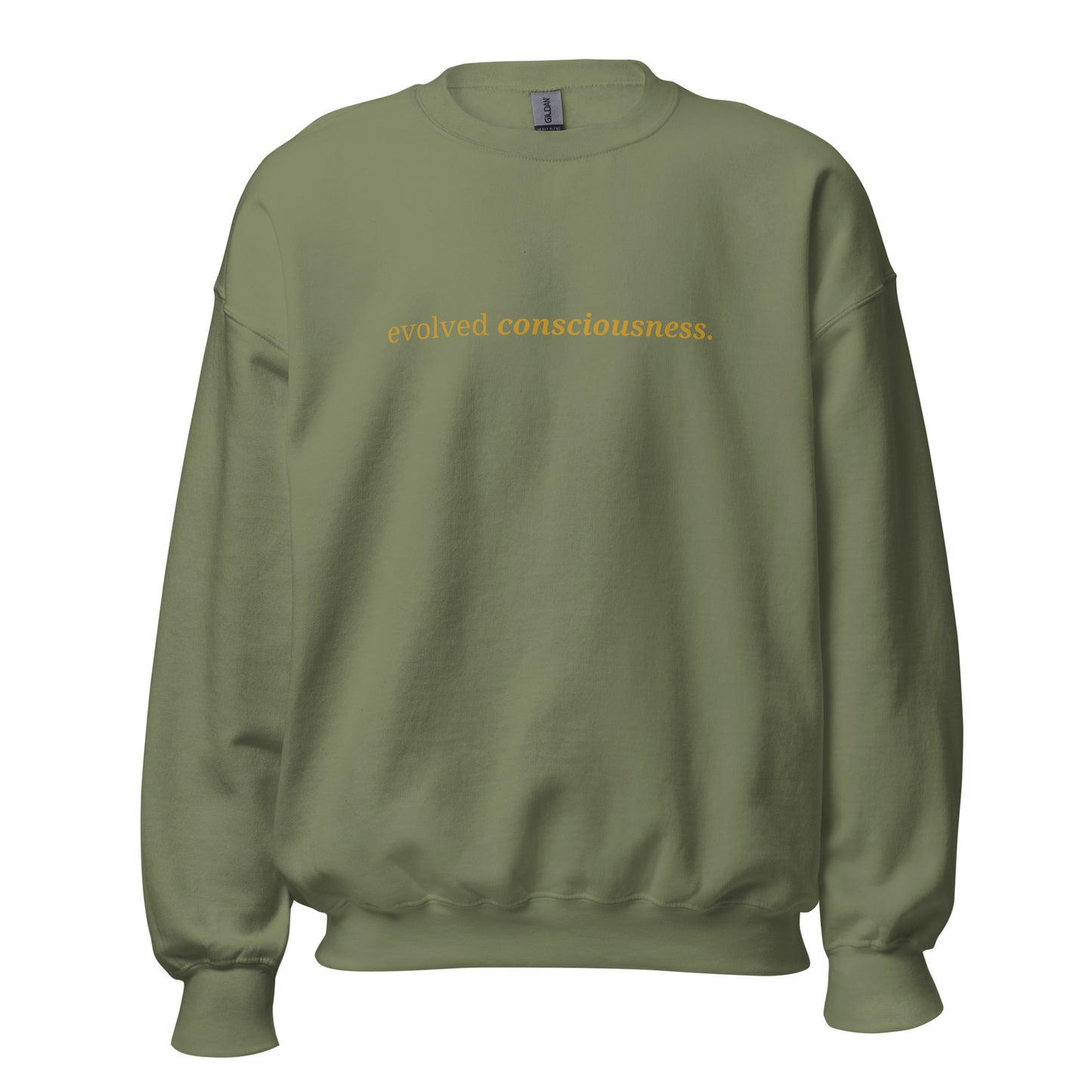 Military green sweatshirt with the phrase "evolved consciousness." printed on the front, available in color options navy blue, green, maroon, gray, and pink, available in sizes S to 3XL.