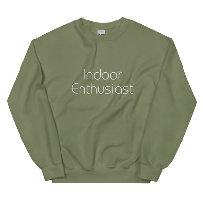 Military green "Indoor Enthusiast" premium crew neck sweatshirt with ribbed cuffs, soft fleece lining, and comfortable fit.