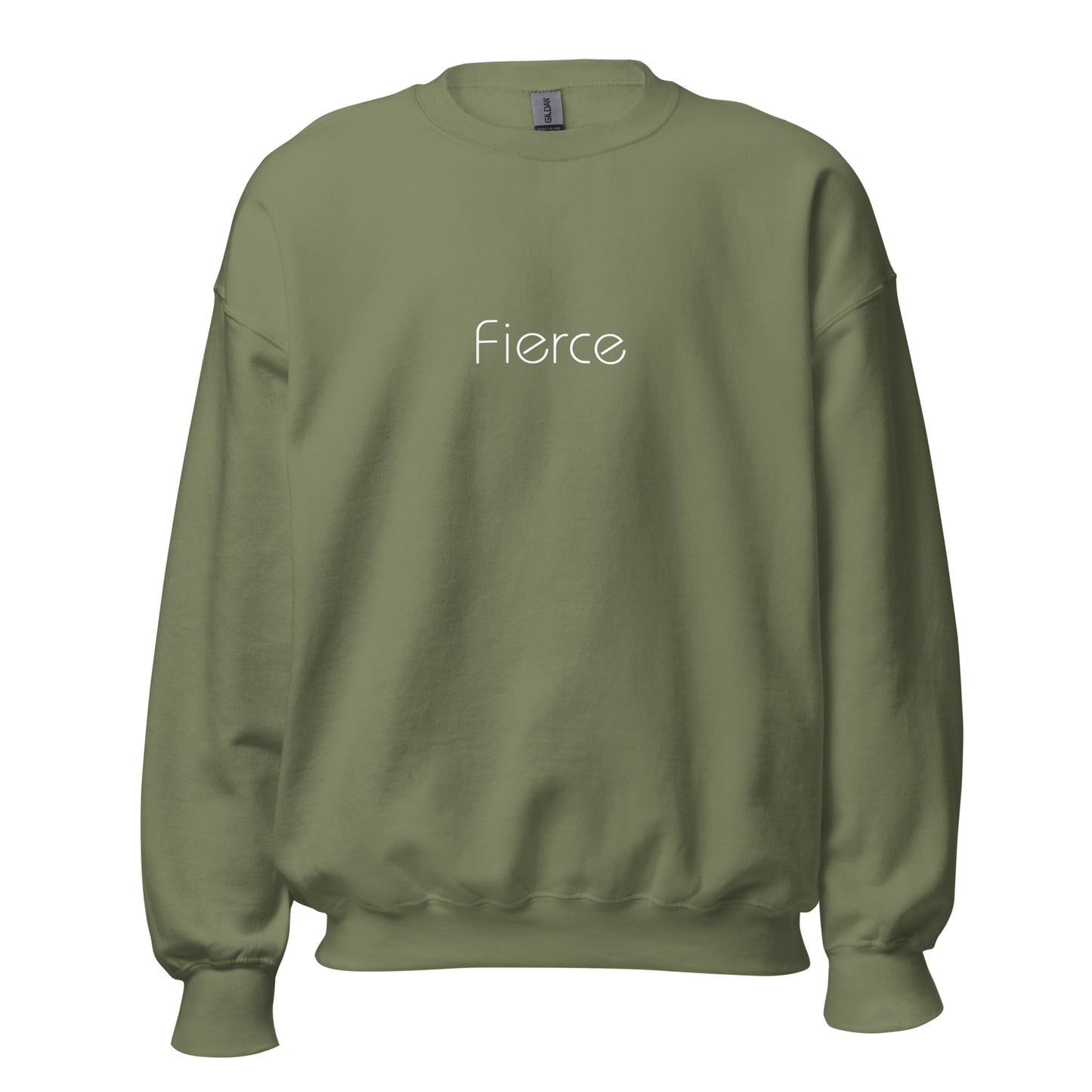 Military green "fierce" premium crew neck sweatshirt with ribbed cuffs, soft fleece lining, and comfortable fit.