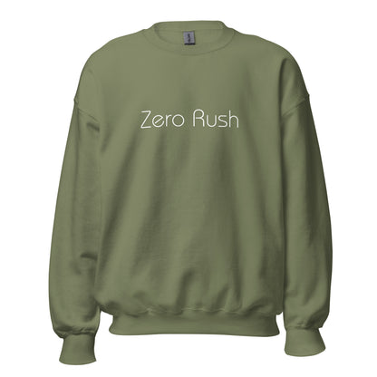 Military green "Zero Rush" premium crew neck sweatshirt with ribbed cuffs, soft fleece lining, and comfortable fit.