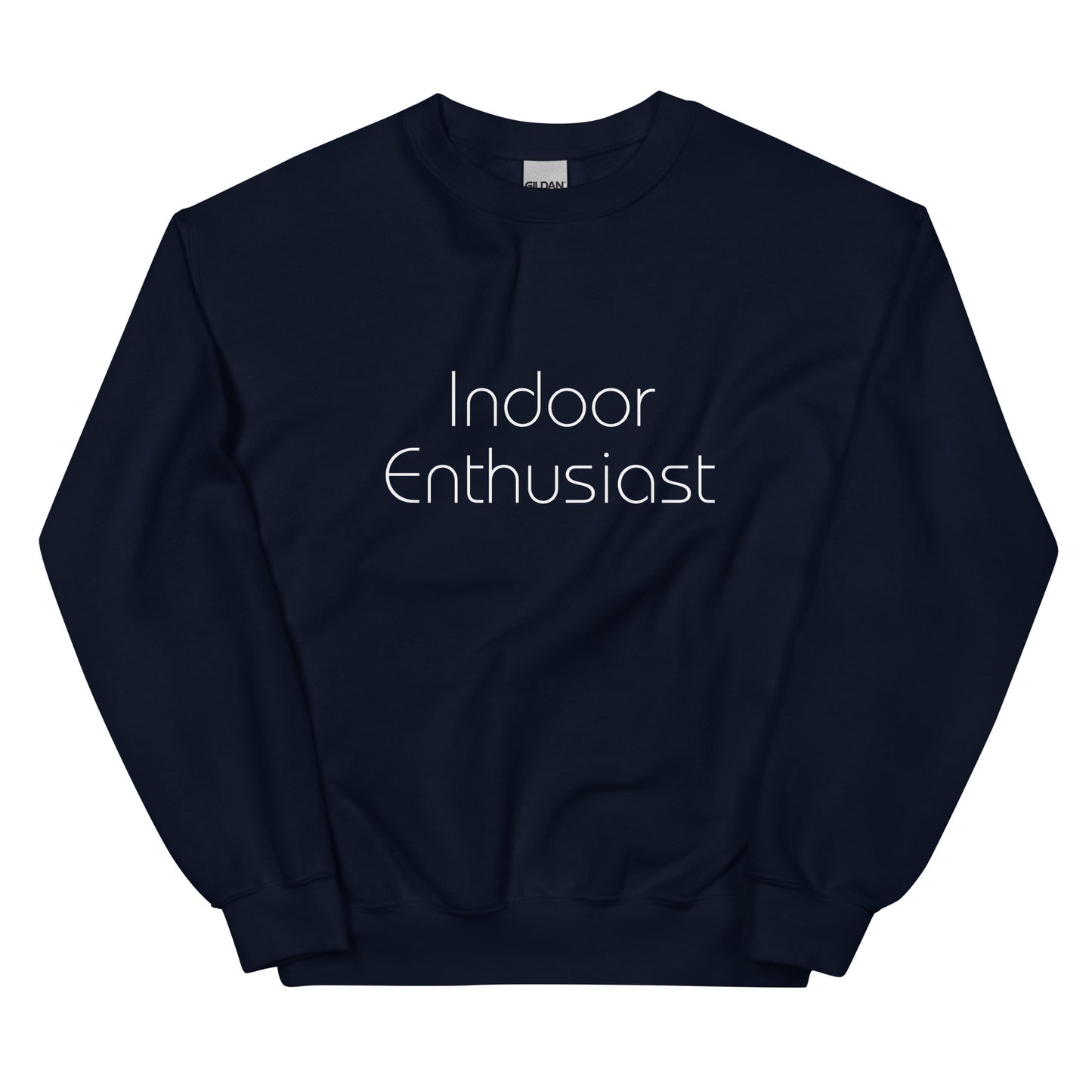 Navy blue "Indoor Enthusiast" premium crew neck sweatshirt with ribbed cuffs, soft fleece lining, and comfortable fit.