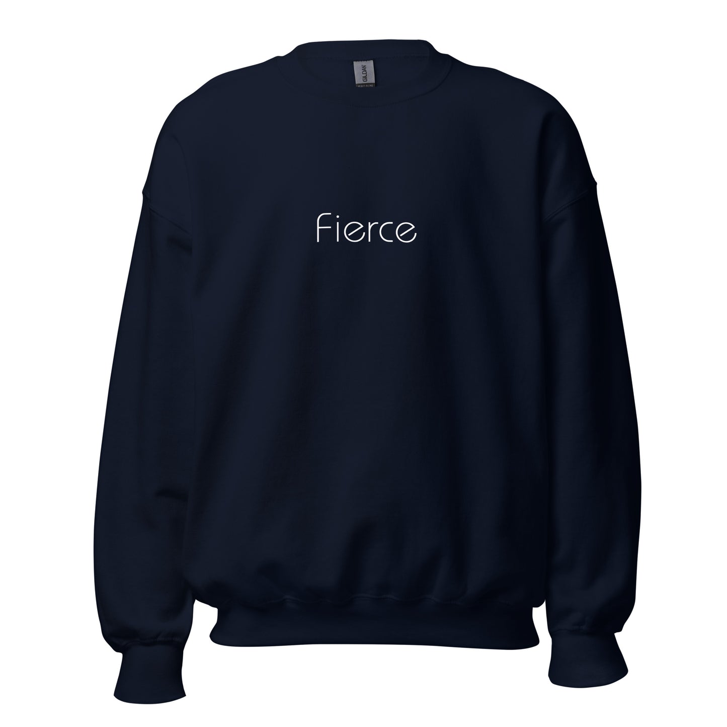 Navy blue "fierce" premium crew neck sweatshirt with ribbed cuffs, soft fleece lining, and comfortable fit.