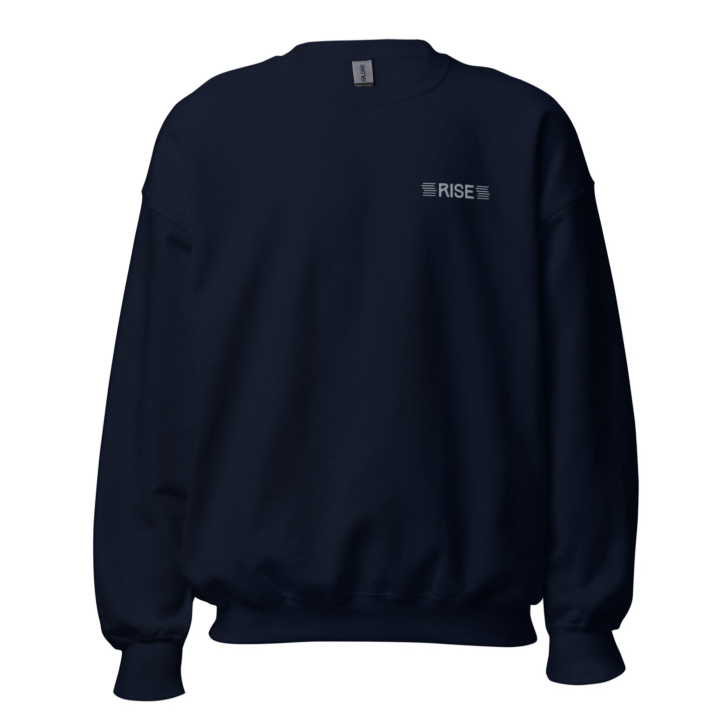 Navy blue "rise" premium crew neck sweatshirt with ribbed cuffs, soft fleece lining, and comfortable fit.