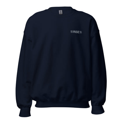 Navy blue "rise" premium crew neck sweatshirt with ribbed cuffs, soft fleece lining, and comfortable fit.