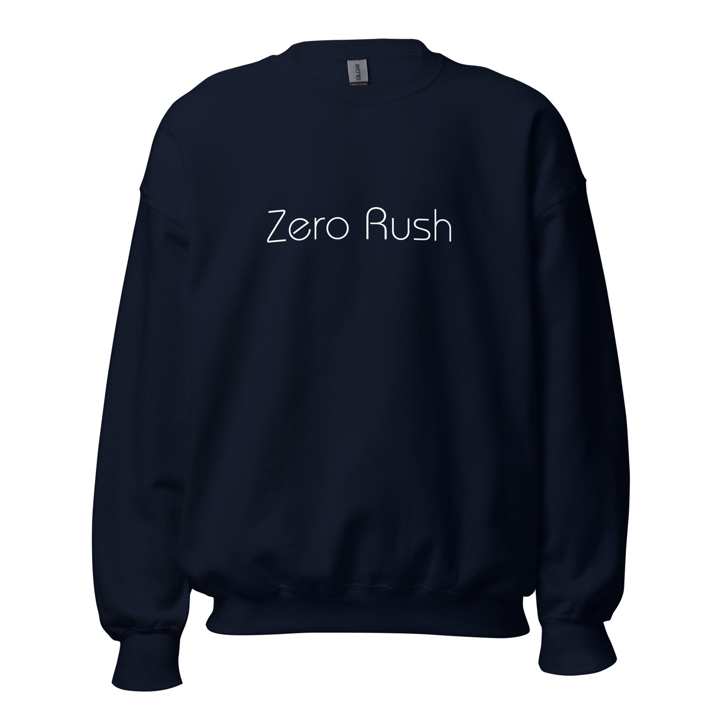 Navy blue "Zero Rush" premium crew neck sweatshirt with ribbed cuffs, soft fleece lining, and comfortable fit.