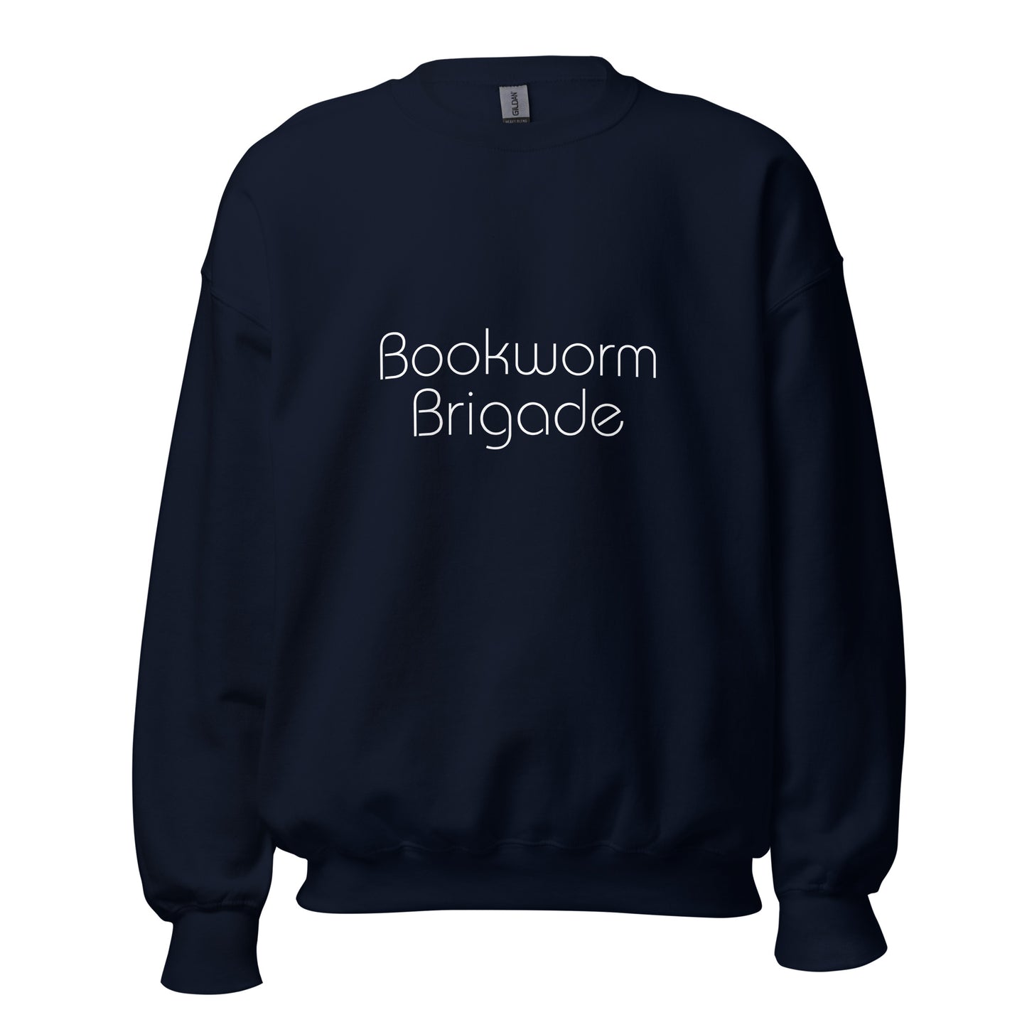 Navy blue "Bookworm Brigade" premium crew neck sweatshirt with ribbed cuffs, soft fleece lining, and comfortable fit.