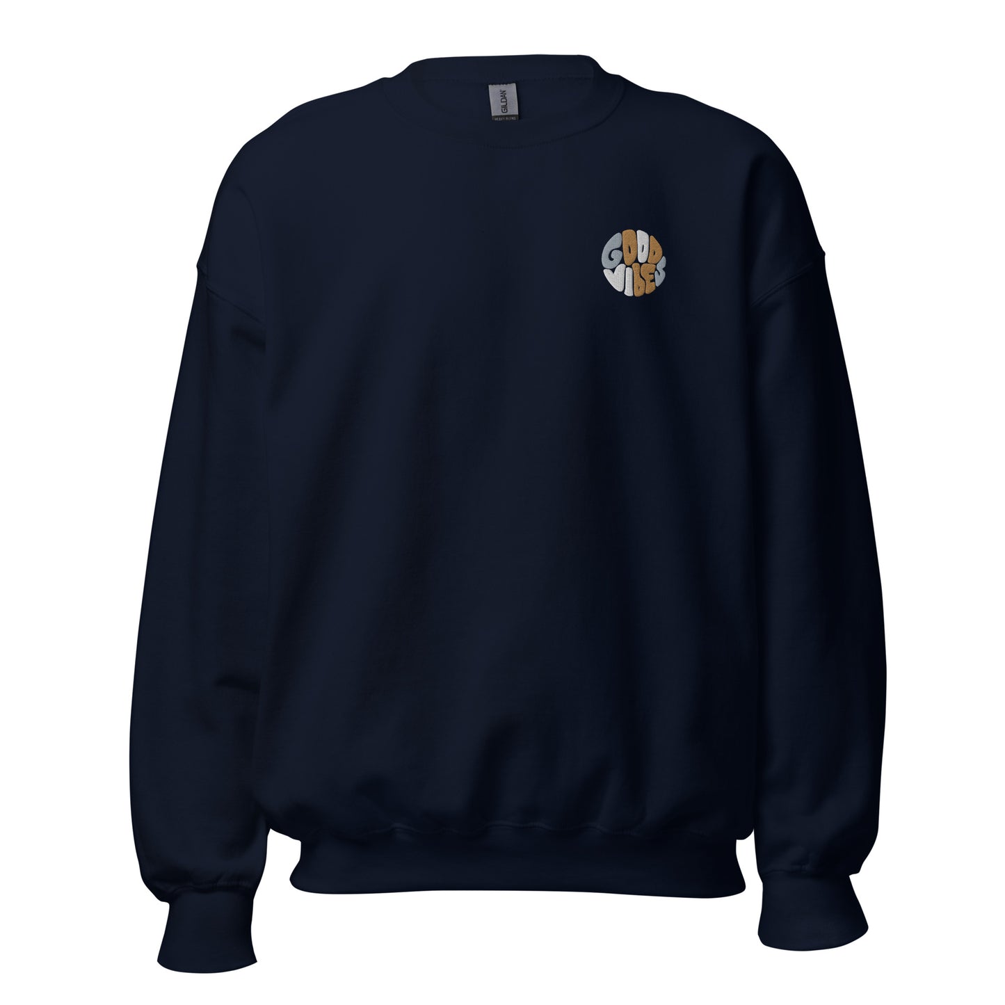 Navy blue embroidered "Good Vibes" premium crew neck sweatshirt with ribbed cuffs, soft fleece lining, and comfortable fit.