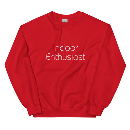 Red "Indoor Enthusiast" premium crew neck sweatshirt with ribbed cuffs, soft fleece lining, and comfortable fit.