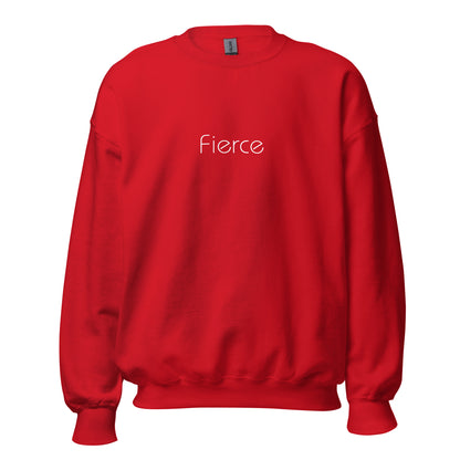 Red "fierce" premium crew neck sweatshirt with ribbed cuffs, soft fleece lining, and comfortable fit.