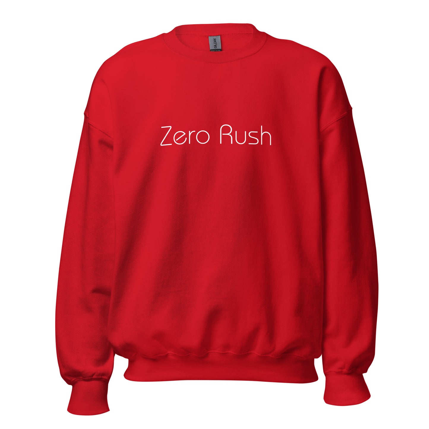 Red "Zero Rush" premium crew neck sweatshirt with ribbed cuffs, soft fleece lining, and comfortable fit.