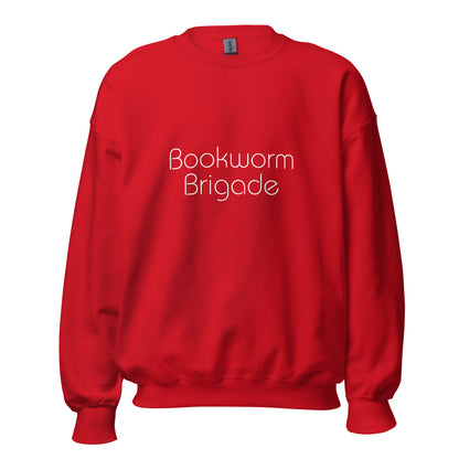 Red "Bookworm Brigade" premium crew neck sweatshirt with ribbed cuffs, soft fleece lining, and comfortable fit.