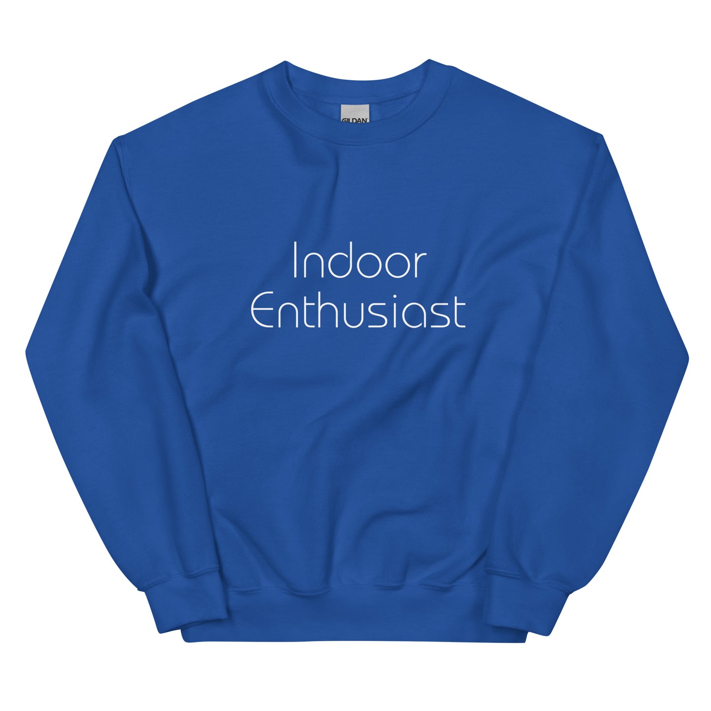 Royal blue "Indoor Enthusiast" premium crew neck sweatshirt with ribbed cuffs, soft fleece lining, and comfortable fit.