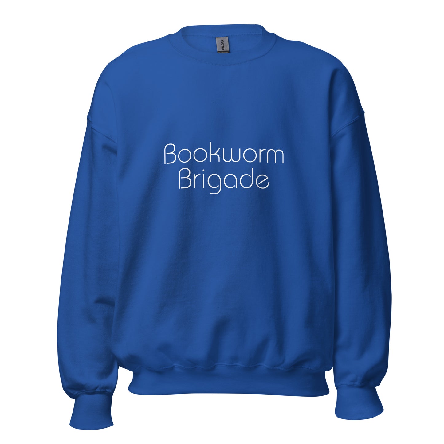 Royal blue "Bookworm Brigade" premium crew neck sweatshirt with ribbed cuffs, soft fleece lining, and comfortable fit.