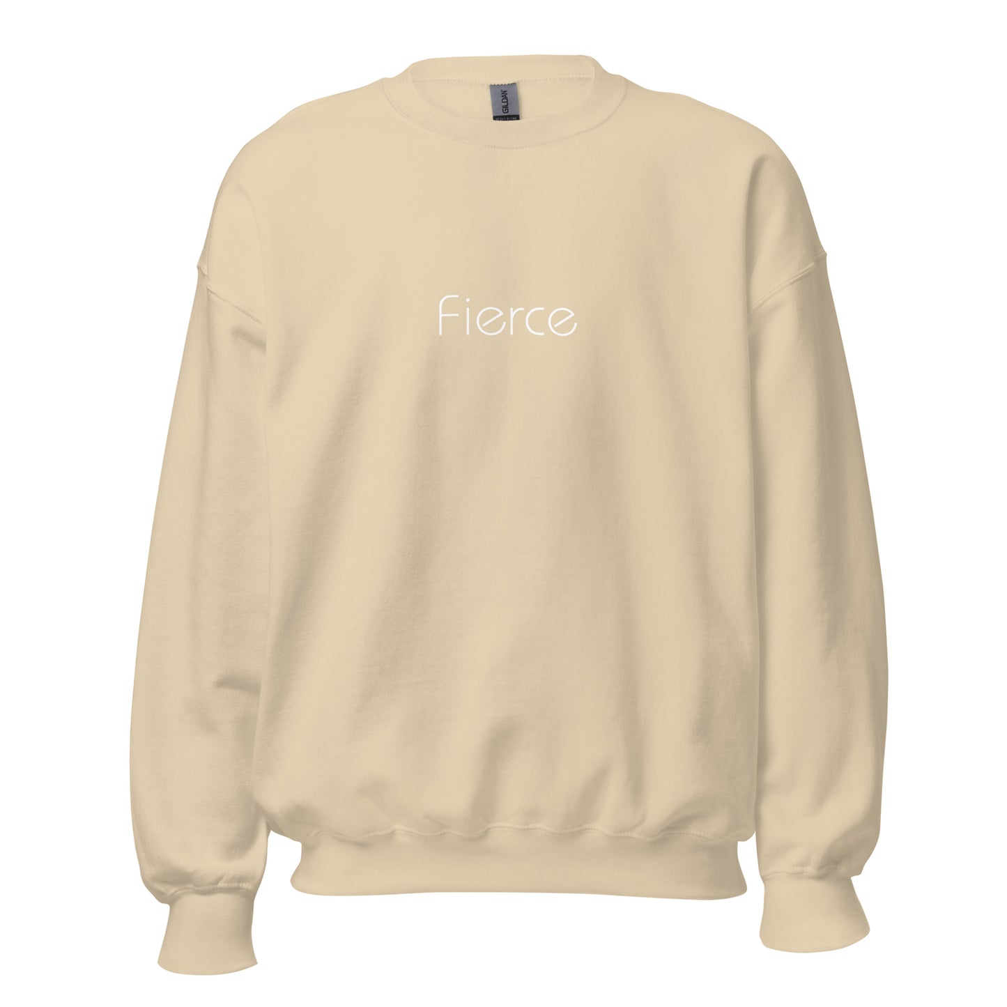 Sand "fierce" premium crew neck sweatshirt with ribbed cuffs, soft fleece lining, and comfortable fit.