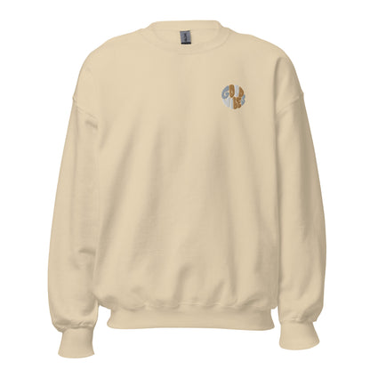 Sand embroidered "Good Vibes" premium crew neck sweatshirt with ribbed cuffs, soft fleece lining, and comfortable fit.