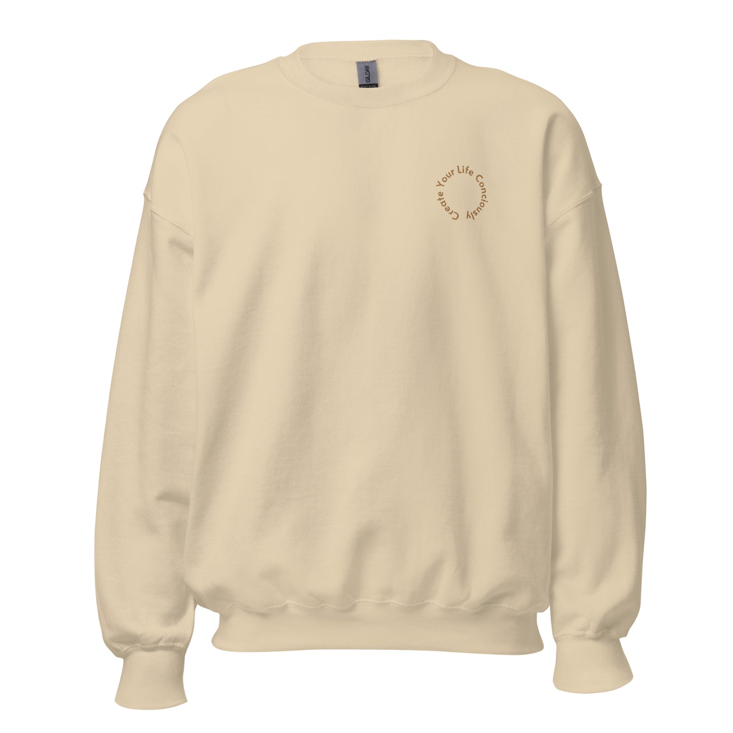 Sand "Create Your Life Consciously" premium crew neck sweatshirt with ribbed cuffs, soft fleece lining, and comfortable fit.