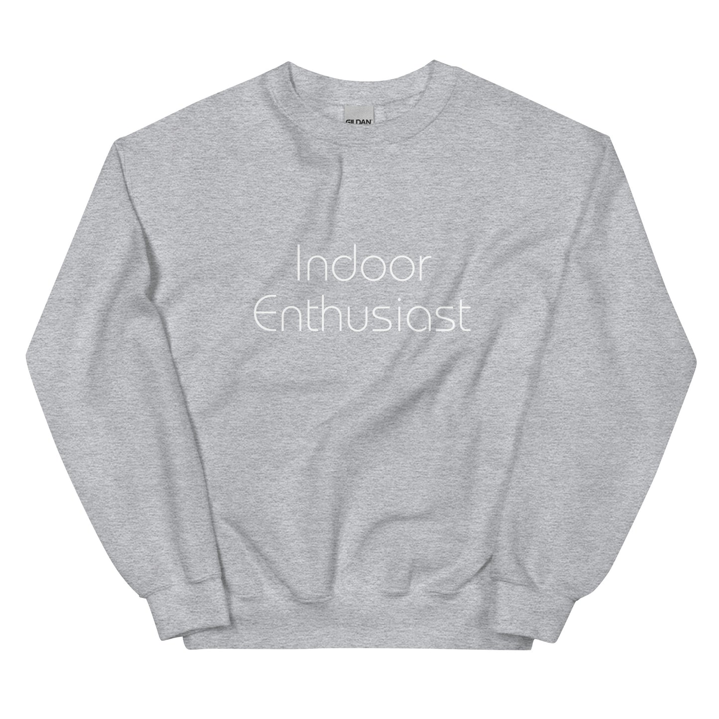 Carbon grey "Indoor Enthusiast" premium crew neck sweatshirt with ribbed cuffs, soft fleece lining, and comfortable fit.