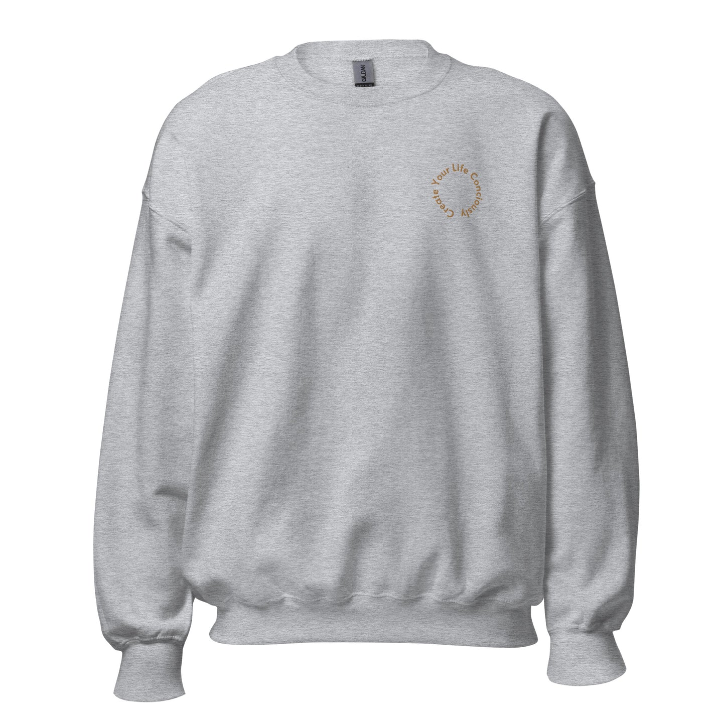 Carbon grey "Create Your Life Consciously" premium crew neck sweatshirt with ribbed cuffs, soft fleece lining, and comfortable fit.